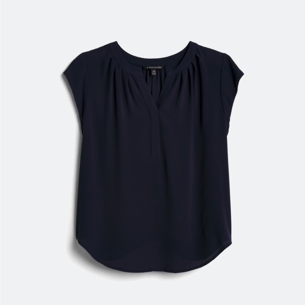 Morey Split Neck Short Sleeve Navy Blue Blouse